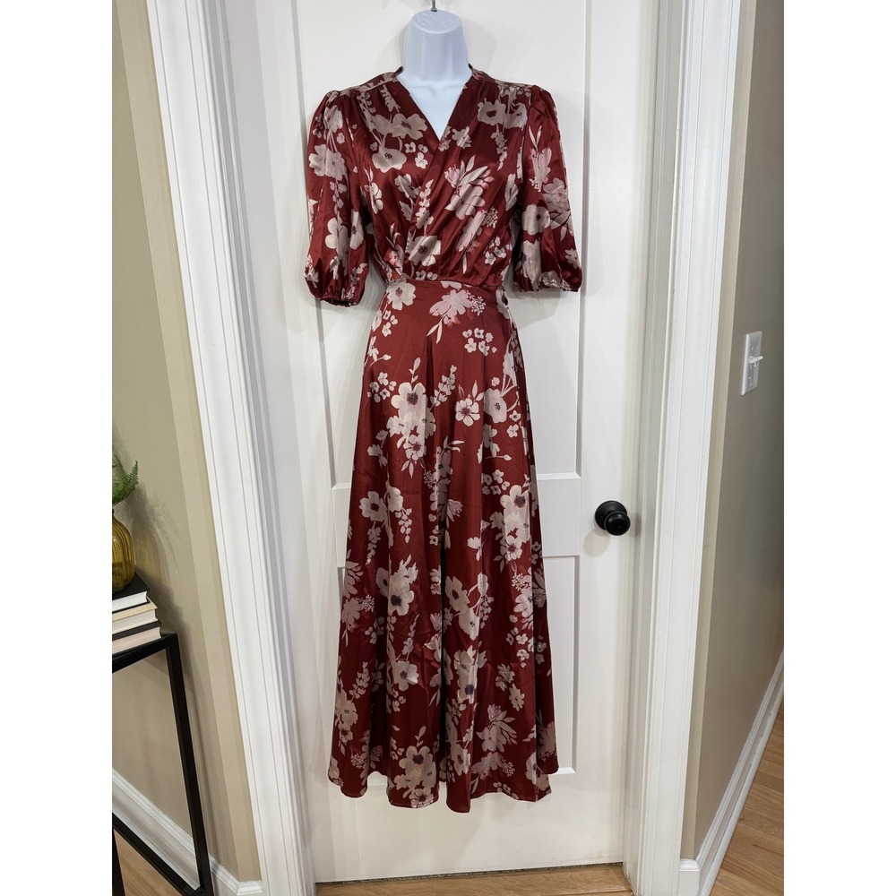 Mia Joy Joyfolie Burgundy Floral Satin Wrap Maxi Dress Puff Sleeve Womens Medium